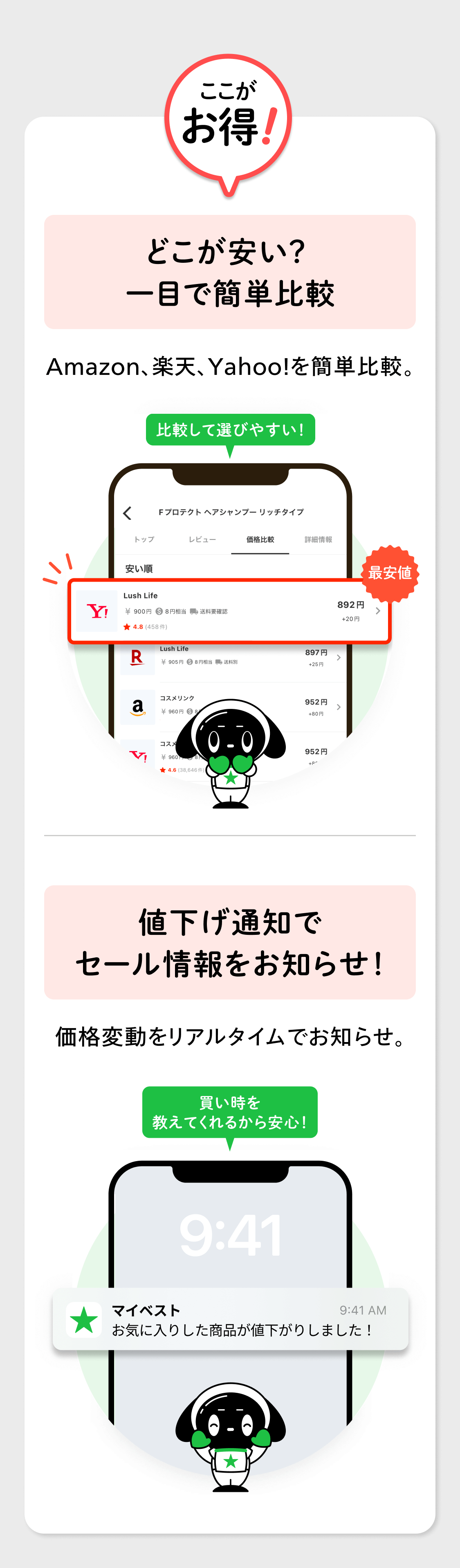 ここがお得！どこが安い？一目で簡単比較Amazon、楽天、Yahoo!を簡単比較。値下げ通知でセール情報をお知らせ！価格変動をリアルタイムでお知らせ。